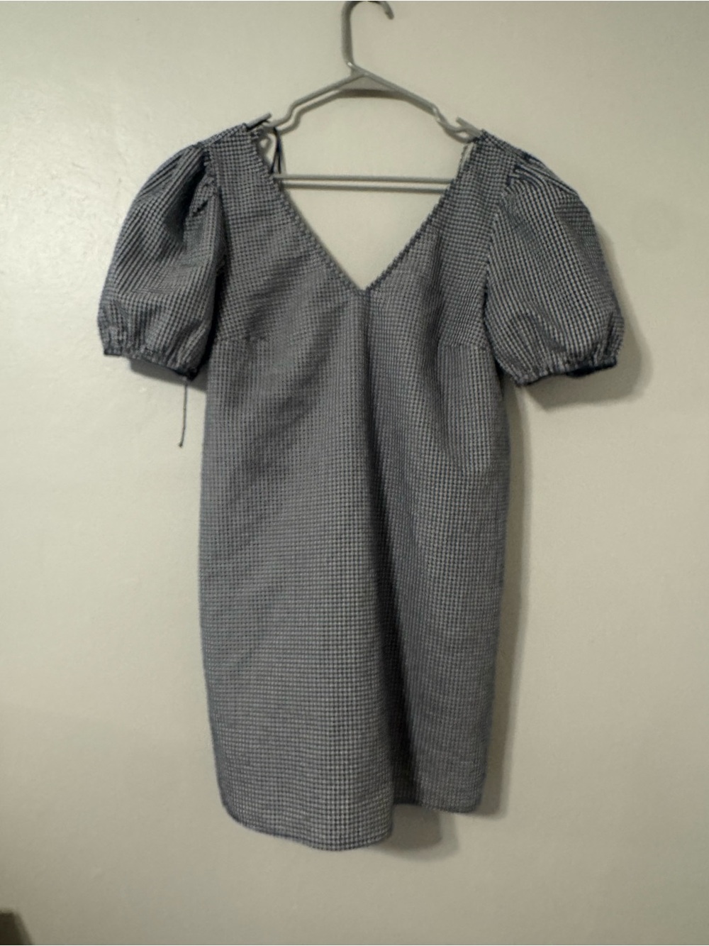 Puff Sleeve V-Neck Gingham Dress - Blue